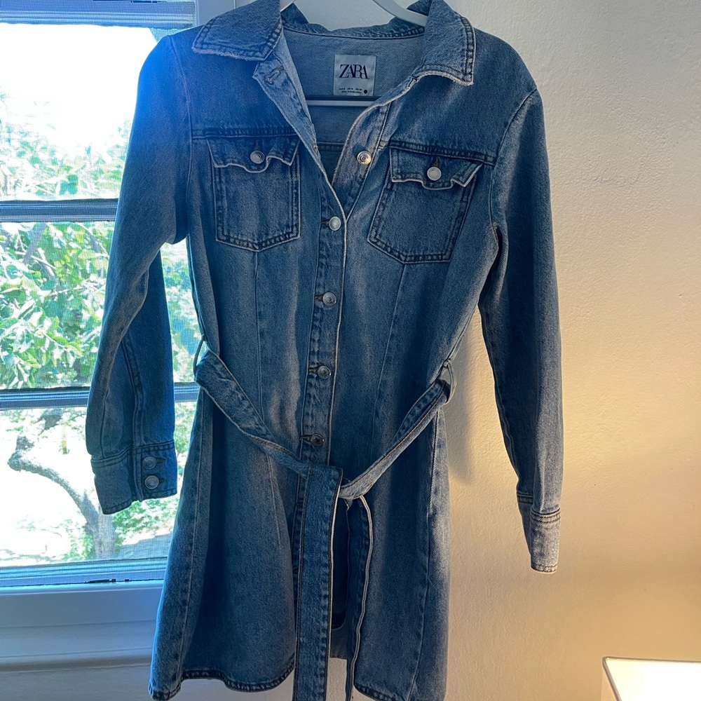 Zara Long Sleeve Denim Dress with Tie